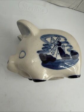 Delft Blue Hand-Painted Ceramic Pig Figurine with Holland windmill